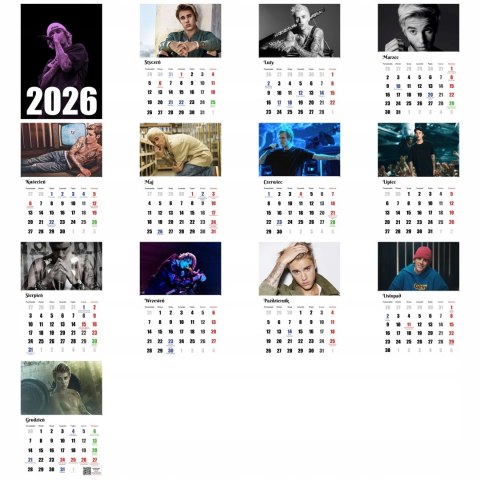 KALENDARZ JUSTIN BEIBER 13 ZDJĘĆ NA ŚCIANĘ A4 ŚWIĘTA NIEDZIELE HANDLOWE