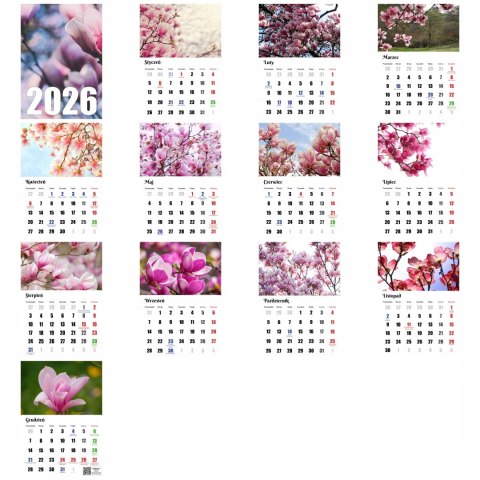 KALENDARZ MAGNOLIA 13 ZDJĘĆ NA ŚCIANĘ A4 ŚWIĘTA NIEDZIELE HANDLOWE