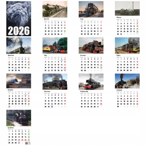 KALENDARZ PAROWOZY 13 ZDJĘĆ NA ŚCIANĘ A4 ŚWIĘTA NIEDZIELE HANDLOWE
